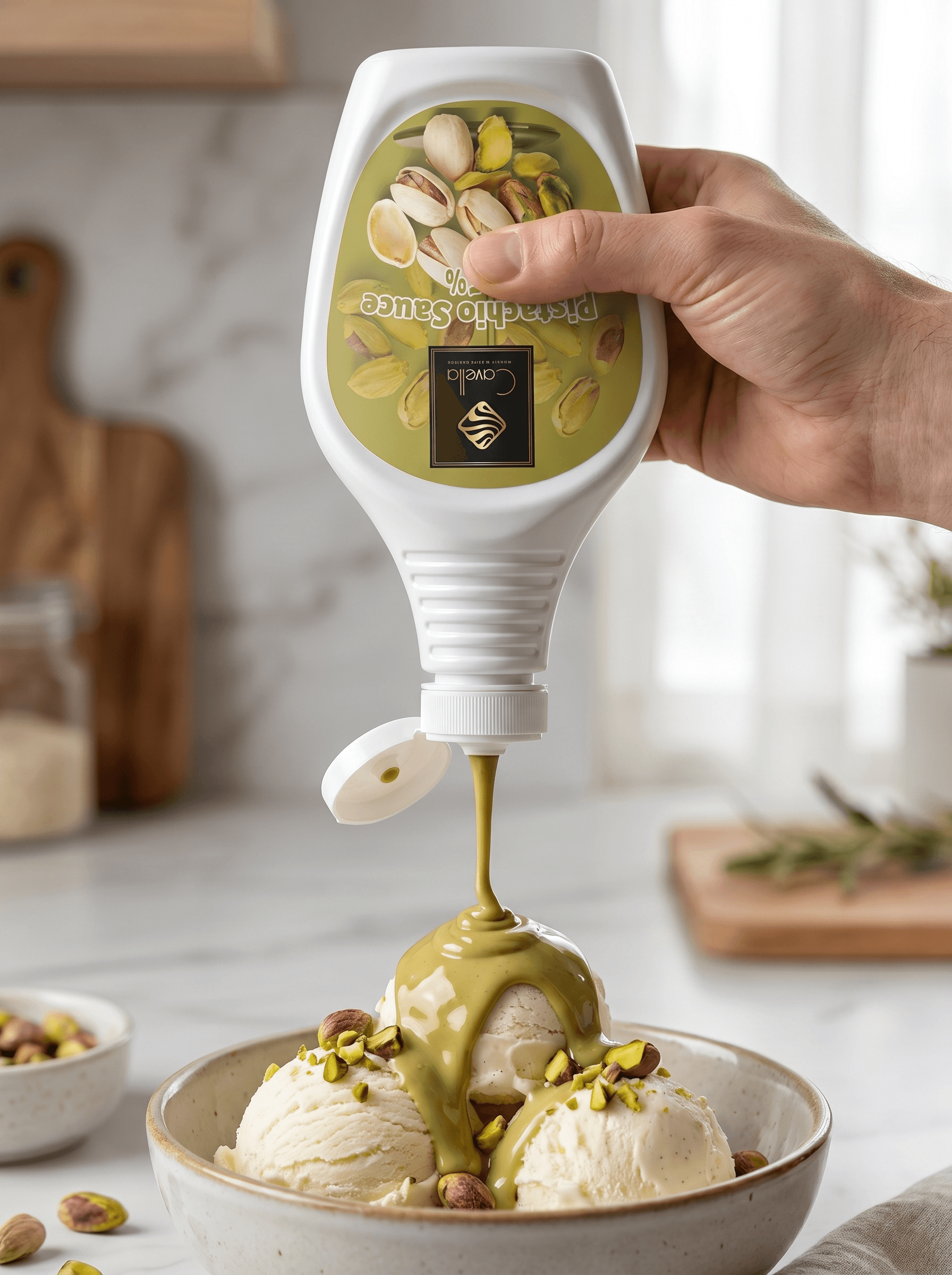 Pistachio sauce on ice cream